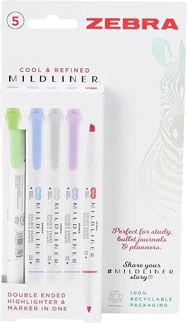 Zebra Pen Mildliner Double Ended Highlighter, Broad and Fine Point Tips, Assorted Cool and Refined Ink Colors, 5-Pack, multicolor, 2690