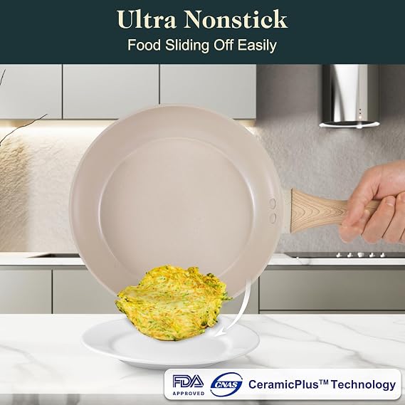 M MELENTA Pots and Pans Set Non Stick, Induction Hob Pan Set, Saucepan Set | 20 & 24cm Frying Pans, 16 & 18cm Saucepans, 20cm Casserole, 11-Piece Non-Toxic Ceramic Cookware Set, Cream Coloured