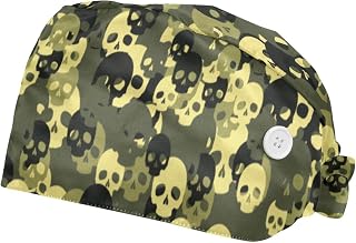 Skull Green Camouflage Pattern 2 Pack Adjustable Working Cap with Buttons Elastic Bouffant Hats Head Scarf with Sweatband for Women Men