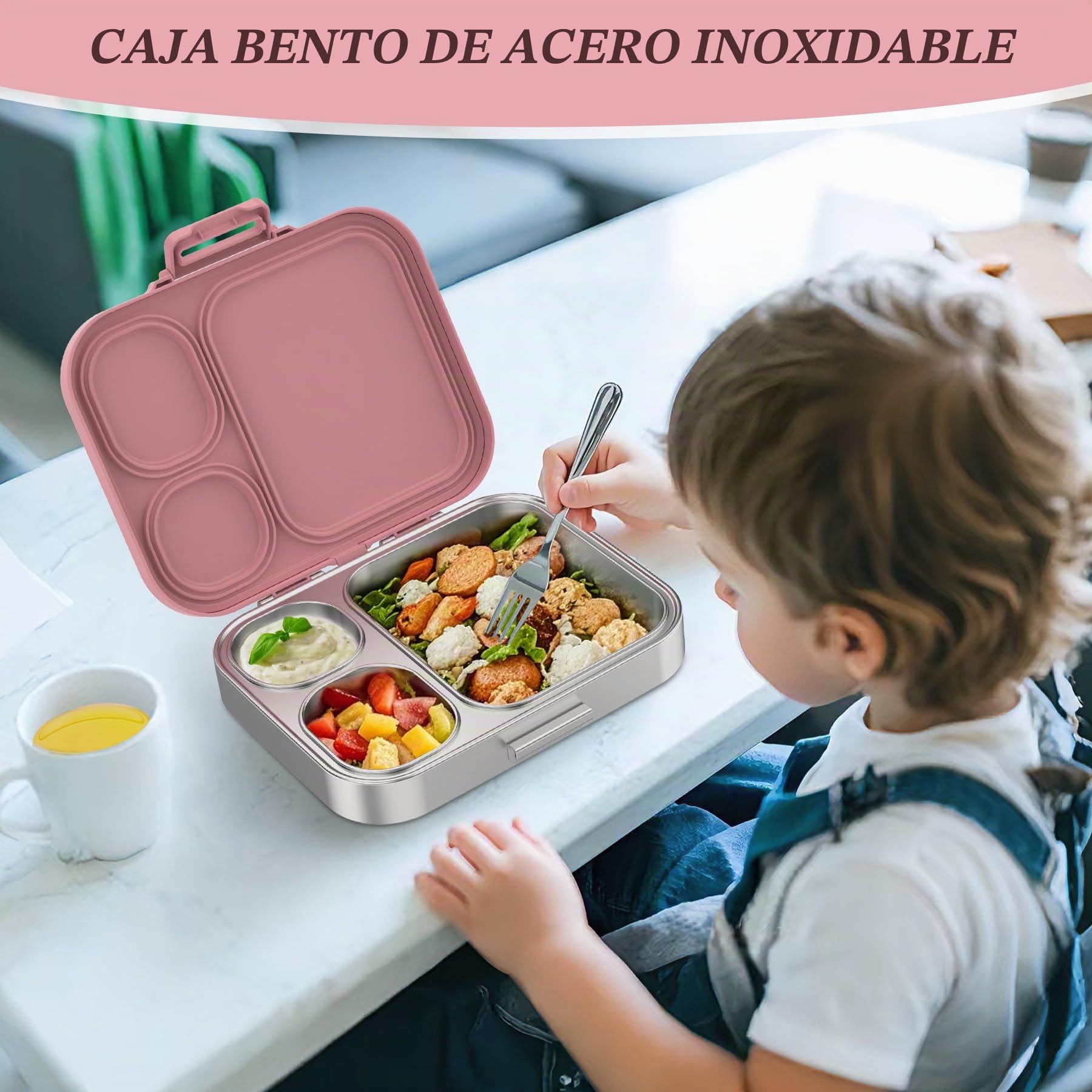 VITONIS Fiambrera de acero inoxidable para niños, fiambrera con 3 compartimentos A prueba de fugas, apta para lavavajillas, Adecuado para campus, picnic (rosa)