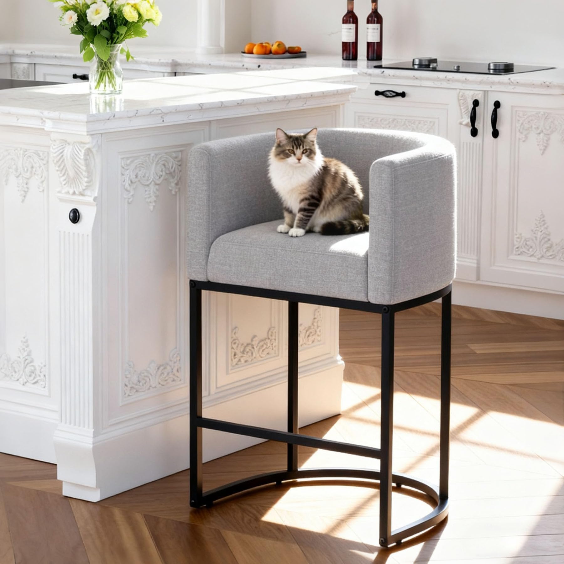 Counter Height Bar Stools, 30" H Barstools for 40–42" High Bar Tops, Upholstered Barrel Back Counter Stools with Arms, Tall Linen Kitchen Island Chairs with Black Metal Legs, Light Grey