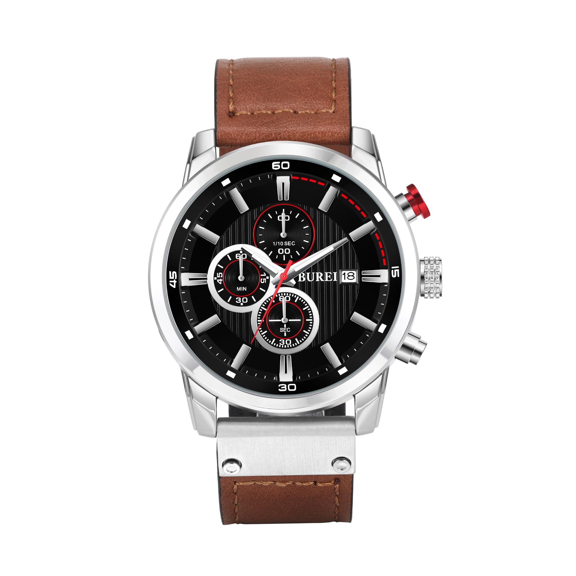 BUREI Mens Brown Vintage Leather Strap Multi-Dial Calendar Waterproof Watch Simulation Quartz Watch Classic Sports Men's Watch Gifts