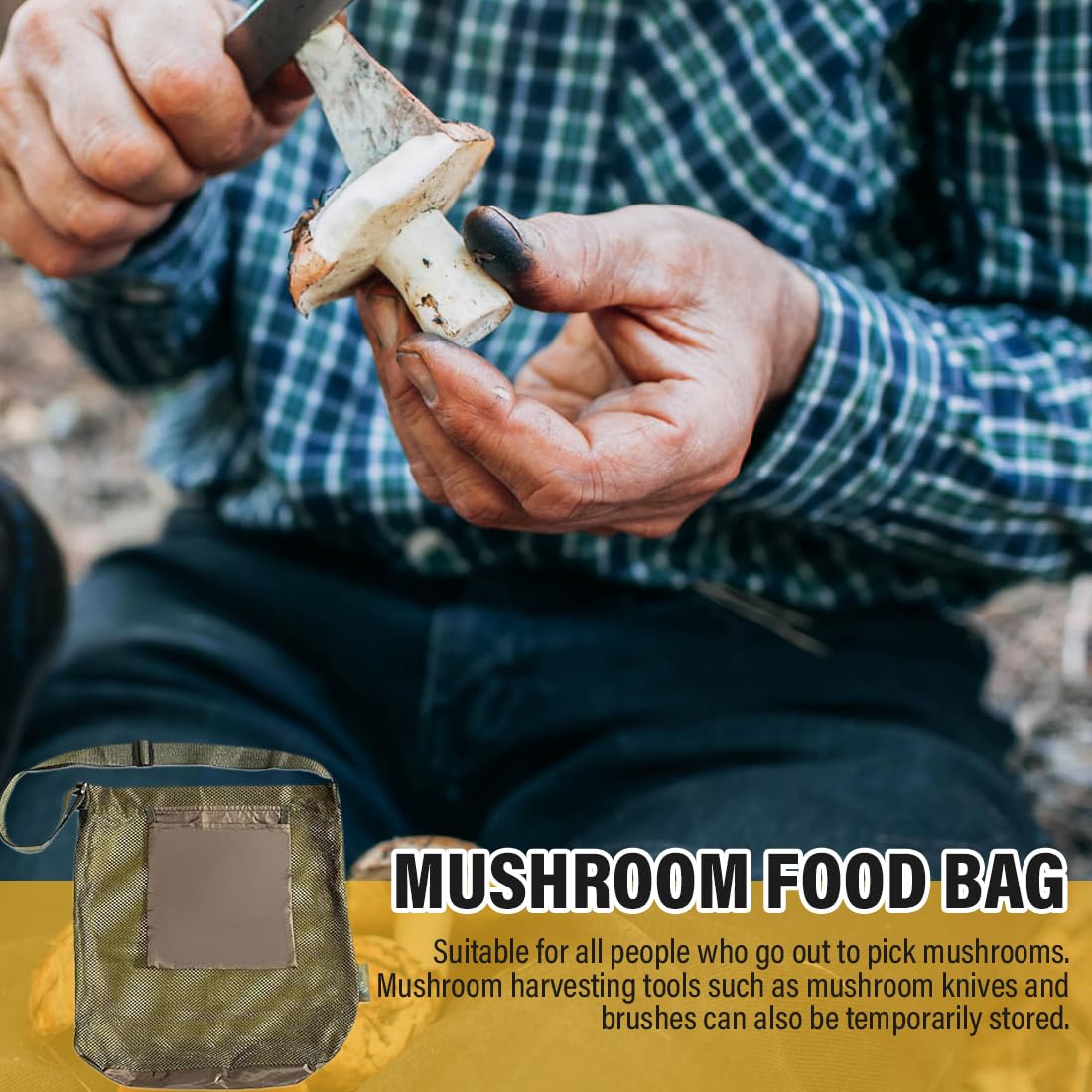 Borsa per la raccolta funghi verdi in rete con tracolla regolabile, borsa da picnic
