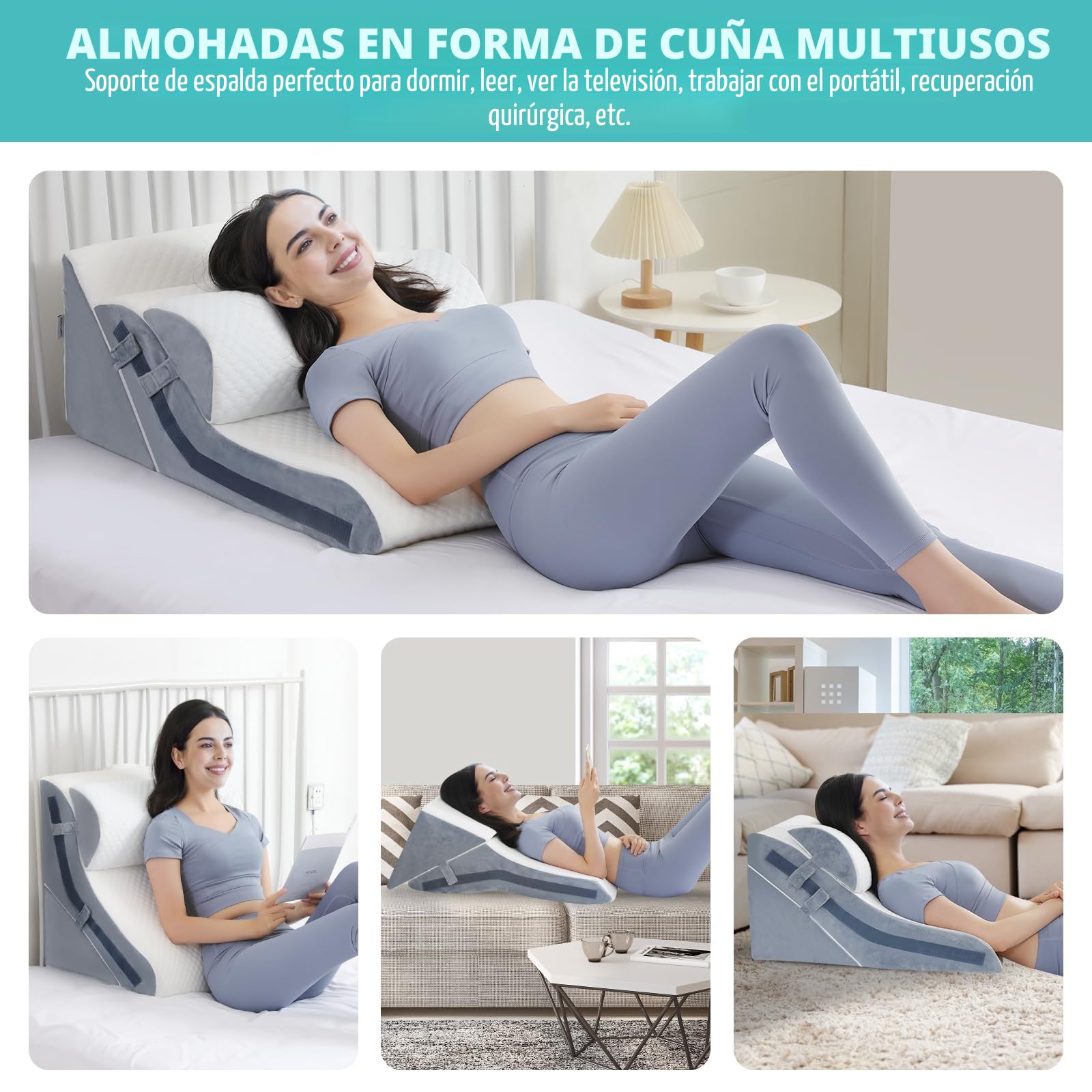 Almohada de cuña para dormir, juego de almohada ortopédica de cuña de cama, 15 en 1, almohada de cuña de espuma viscoelástica ajustable después de la cirugía, 9, 16 y 20 pulgadas de altura, almohadas