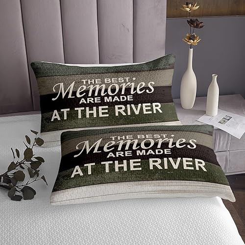 Miniatura 3 de Juego de colcha con temática de río, tamaño Queen para niños, niñas, juego de edredón de madera vintage, colcha rústica de granja, colcha azul y