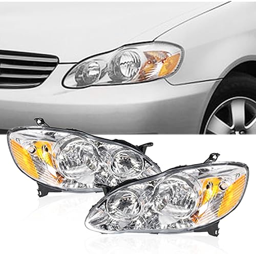 Headlights Assembly Compatible with 2003 2004 2005 2006 2007 2008 Toyota Corolla Set of 2 Driver and Passenger Side Chrome Housing Clear Lens
