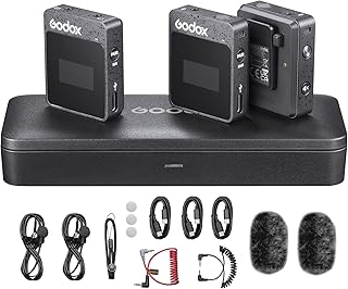 نظام ميكروفون لافالير لاسلكي 2 M2 من غودوكس موفلينك 2.4 جيجاهرتز 100 متر 328 قدم وظيفة تقليل الضوضاء الرقمية لتسجيل الفيديو وتسجيل الصوت واليوتيوب وما إلى ذلك TX + 1 RX + علبة شحن أحادى أسود