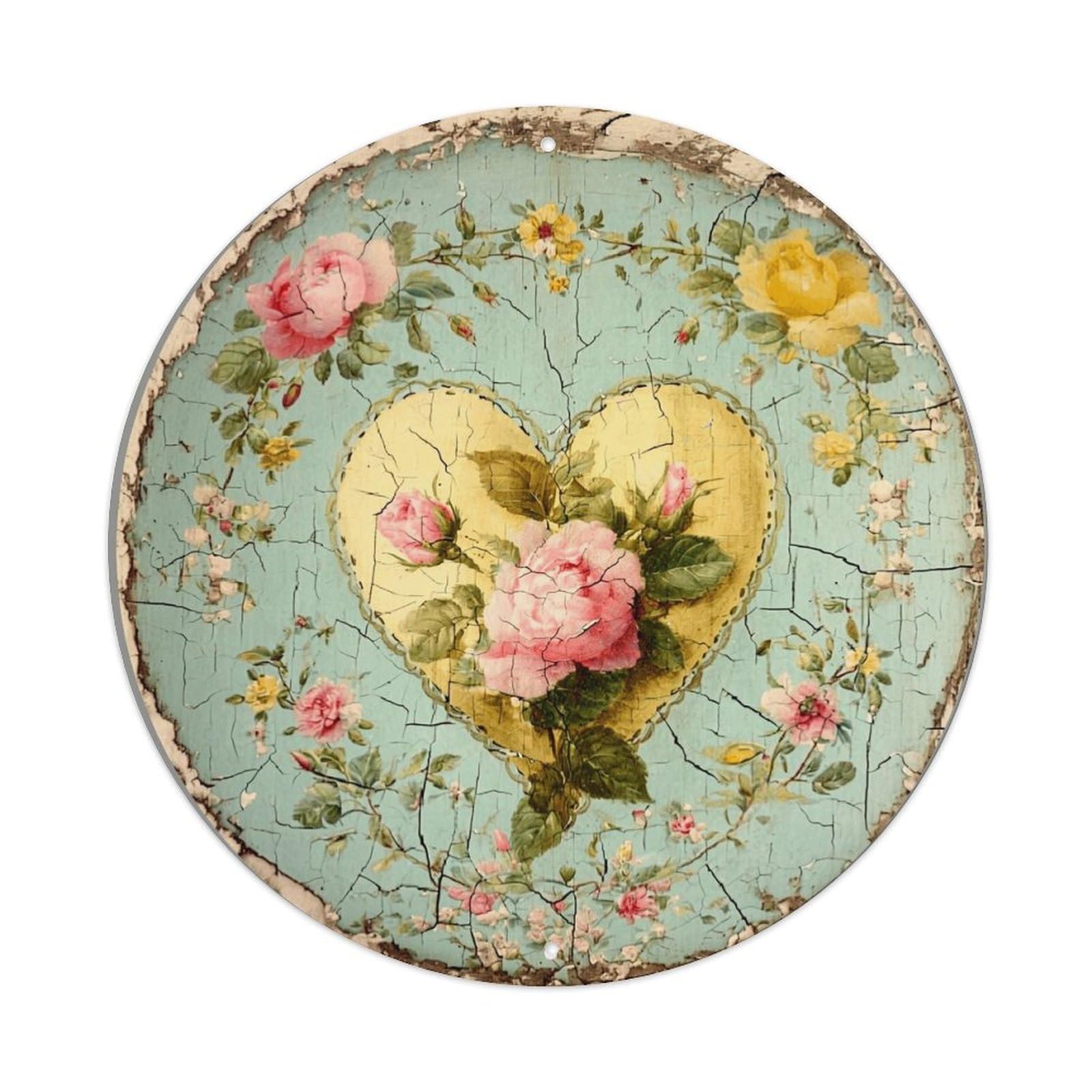 Floral Heart Vintage Cracked Paint Round Metal Tin Sign Vintage Wall Decor, Bar Garage Cafe Kitchen Home Wall Art Poster 8x8inches