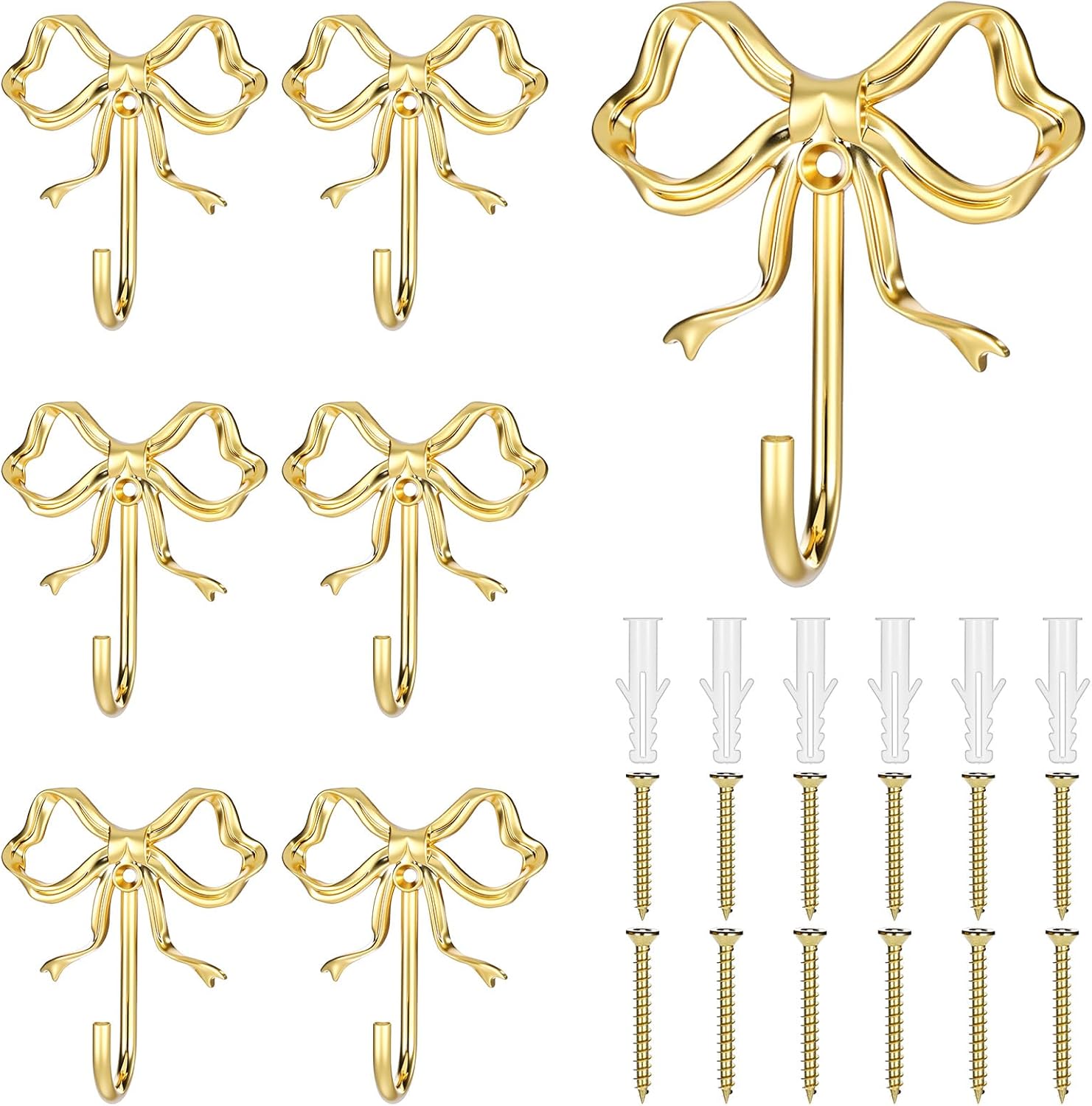 6 Pcs Gold Bow Wall Hook, Large Bow Knot Coat Hooks Metal Bowknot Wall Door Hanger Decorative Holder for Bags Bath Towels Coats Hats Coffee Mugs Room Decorations