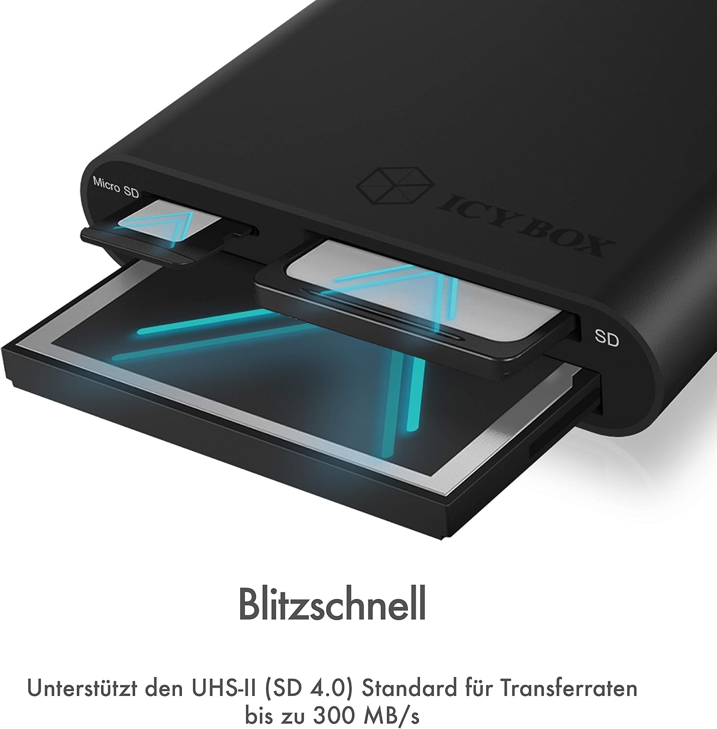 ICY BOX IB-CR301-U3 USB 3.0 Type-A Card Reader for CF SD and MicroSD Memory Cards, SD 3.0, Aluminium Casing, Integrated Cable, Black - Image 4