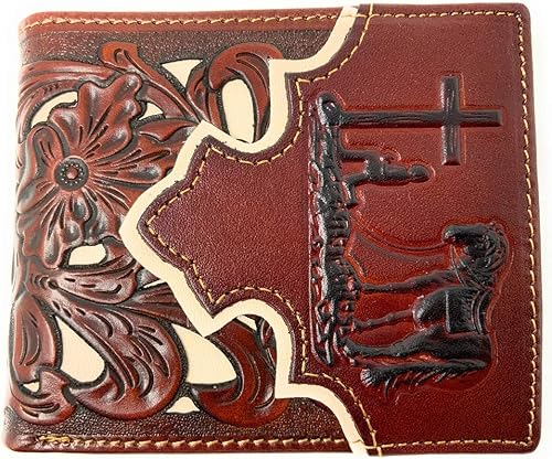 Western Cartera vaquera rezando de cuero genuino para hombre, diseño floral, corte láser, 9 colores, CaféBeige, Vaquero rezando occidental