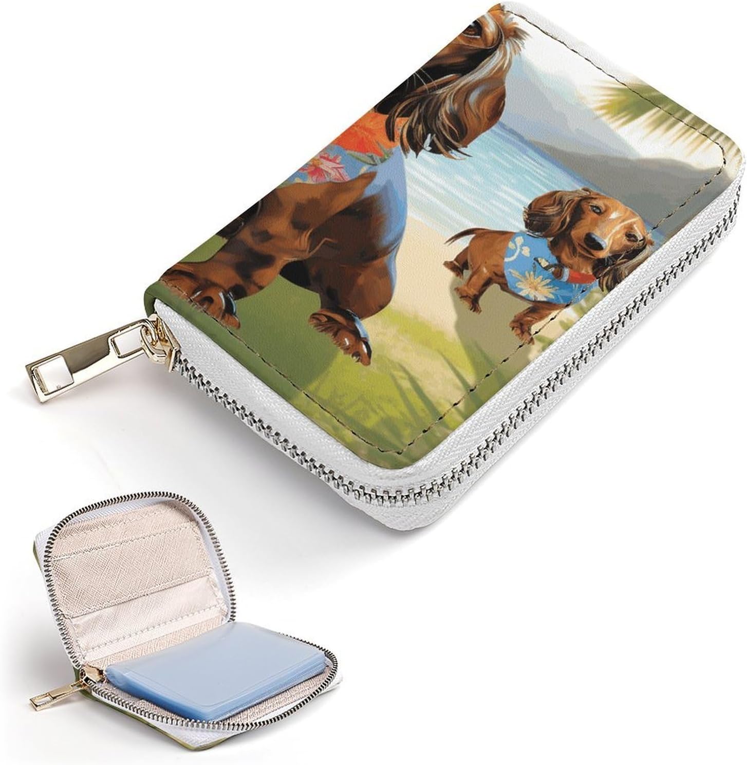 Dachshund Tropical Painting Art Card Holder RFID Blocking,Credit Card Wallet for Women And Men,Card Case Organizer Bag with Zipper