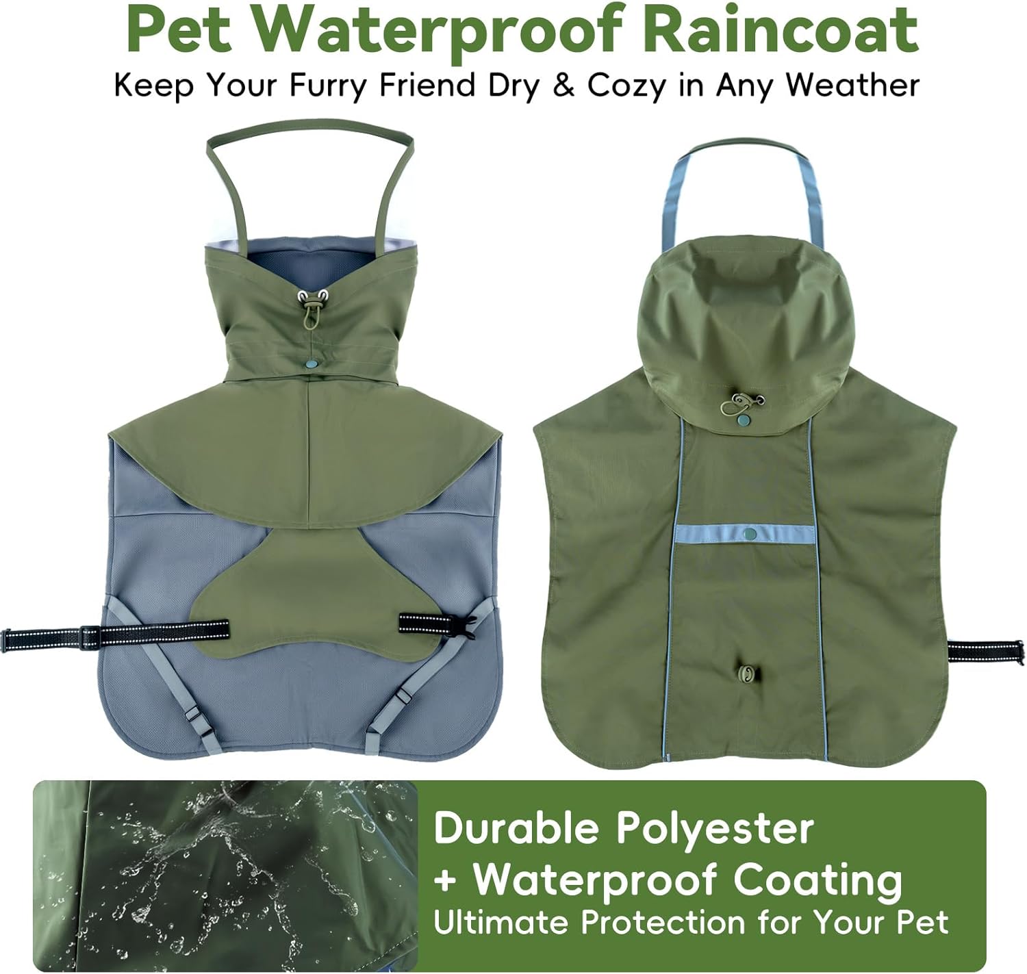 Dog Raincoat Waterproof Rain Jacket Lightweight with Adjustable Reflective Strip & Detachable Hood, Fits Small/Medium/Large/Extra Large Dogs Puppies, Green (4X-Large)