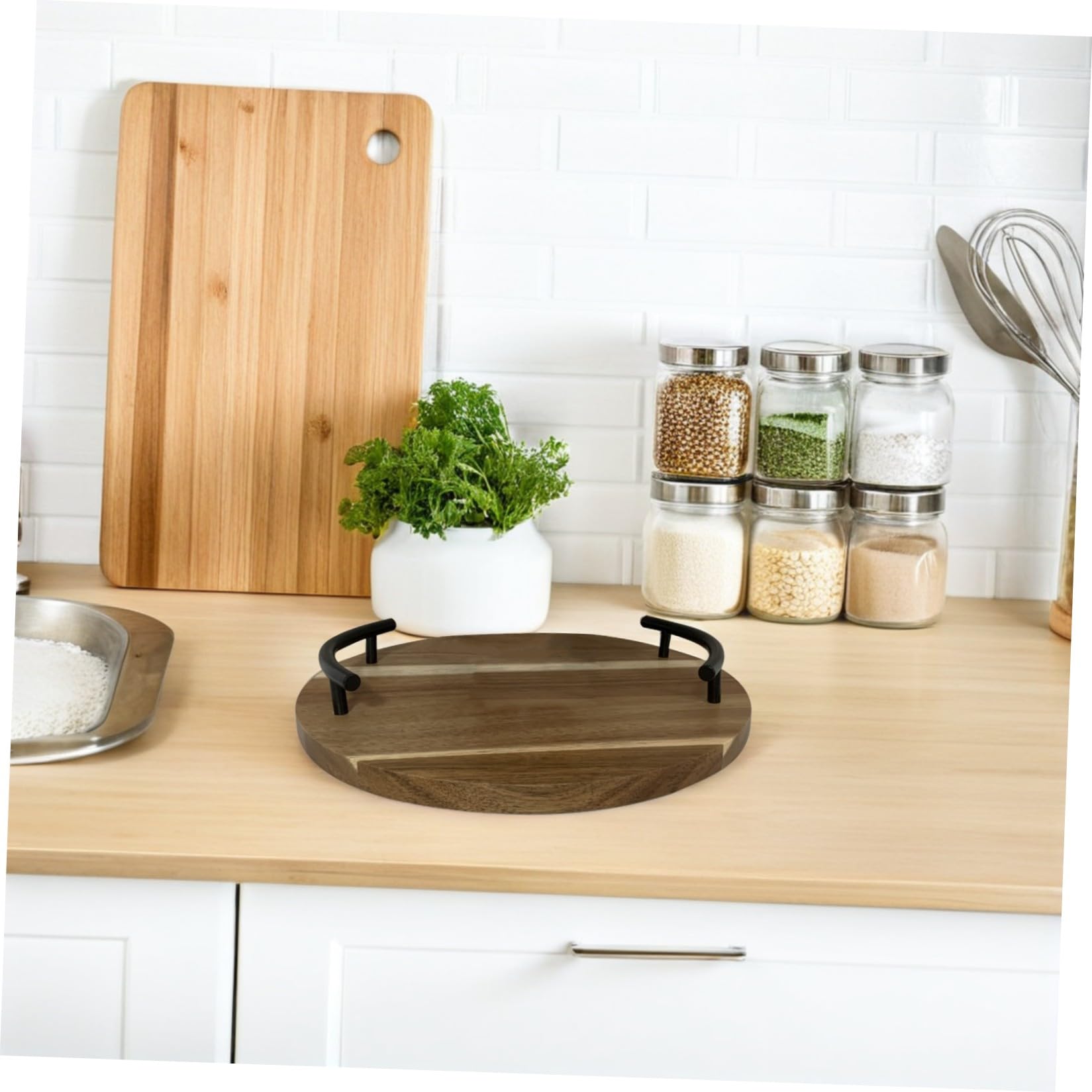 Yardwe Holz Serviertablett Rund Holztablett mit Edelstahlgriffen Hitzebeständig Kaffeefarben für Getränke und Obst für Wohnzimmer Deko und Tischorganisation