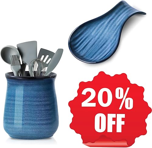 Hasense Soporte para utensilios de cerámica azul vintage de 7.1 x 5.9 pulgadas para encimera de cocina, color azul