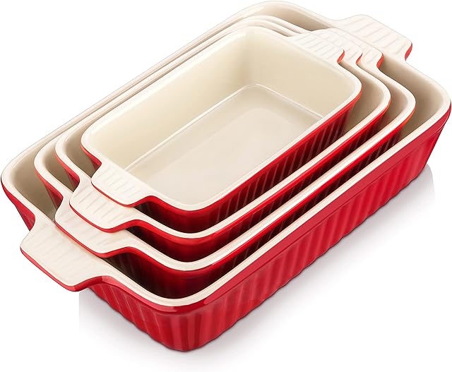 MALACASA, Series Bake, Rectangular Baking Dish Set of 4 (9"/11"/12"/13.3"), Oven to Table Baking Dish with Ceramic Handles Ideal for Lasagne/Pie/Casserole/Tapas, Red