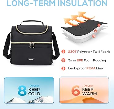 TOURIT Insulated Lunch Bag with Dual Compartment, Leakproof Cooler Tote for Work Office Picnic, Thermal Food Container Black