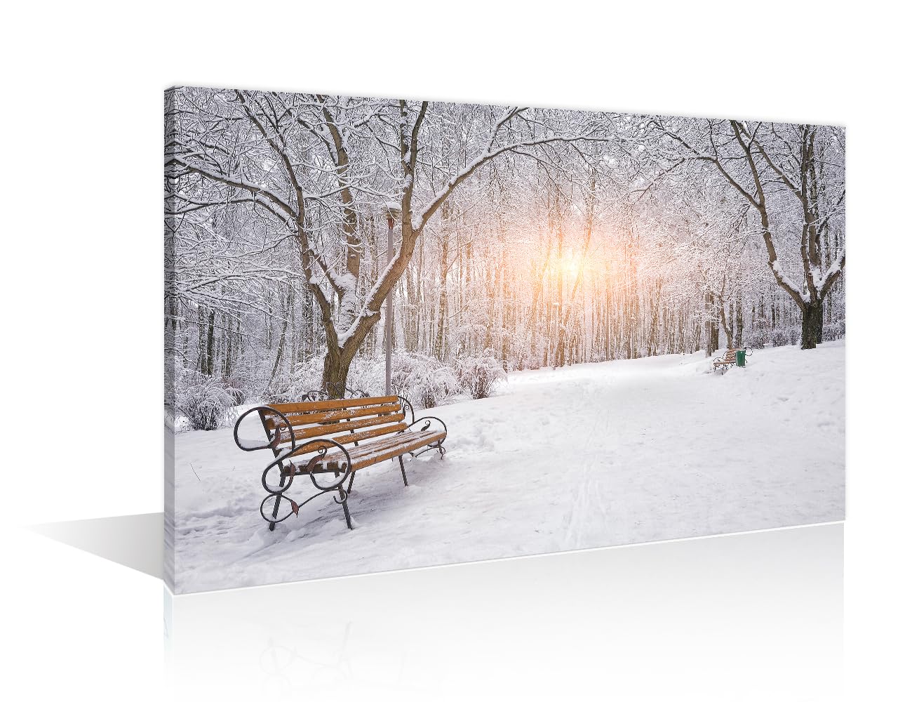 1 Panels Snow Covered Trees and Benches in the City Park Modern Home Decor Winter Sunset Canvas Paintings for Bedroom Living Room