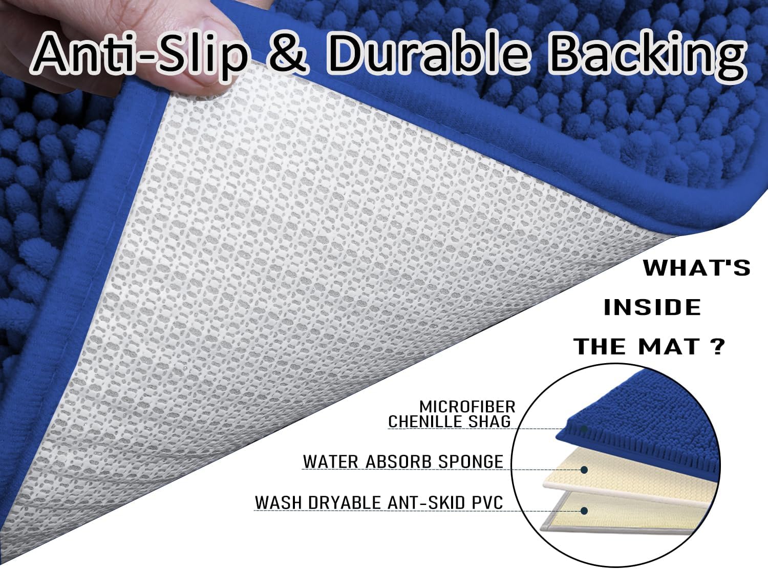 Bathroom Rugs Sets 3 Piece,Bath Mats for Bathroom Non Slip, Thick Chenille Bath Rug,Soft and Absorbent Shaggy Bathroom Mat Set, Machine Wash & Quick Dry Durable Carpet for Bath,Kitchen,Sapphire Blue