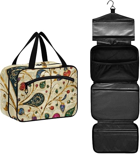 Miniatura 2 de Paisley Gem Color Beige Retro Kit de aseo colgante para hombre con gancho, bolso lindo de diseñador con compartimentos para el baño del viajero