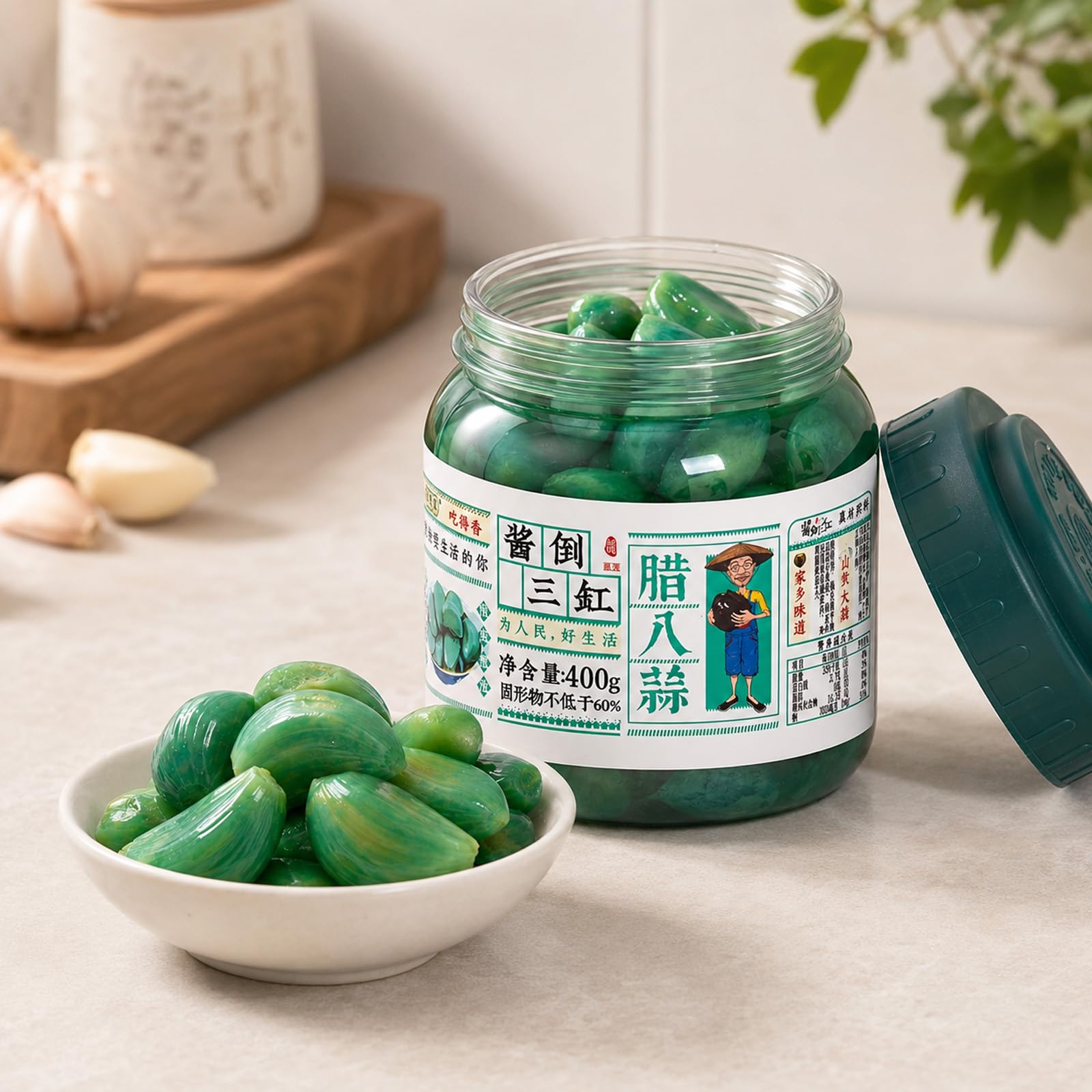 Laba-Knoblauch 2 x 400g, Eingelegter Grüner Knoblauch im Glas, Chinesische Spezialität mit Süß-Saurem Geschmack, Knackige Beilage für Reis, Nudeln, Hot Pot, Grillgerichte und Sushi