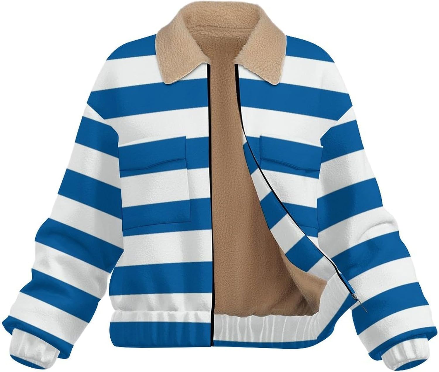 Women's Full Zip Polar Fleece Jacket, Blue white stripes Printed Outdoor Recreation Coat, Long Sleeve Outerwear