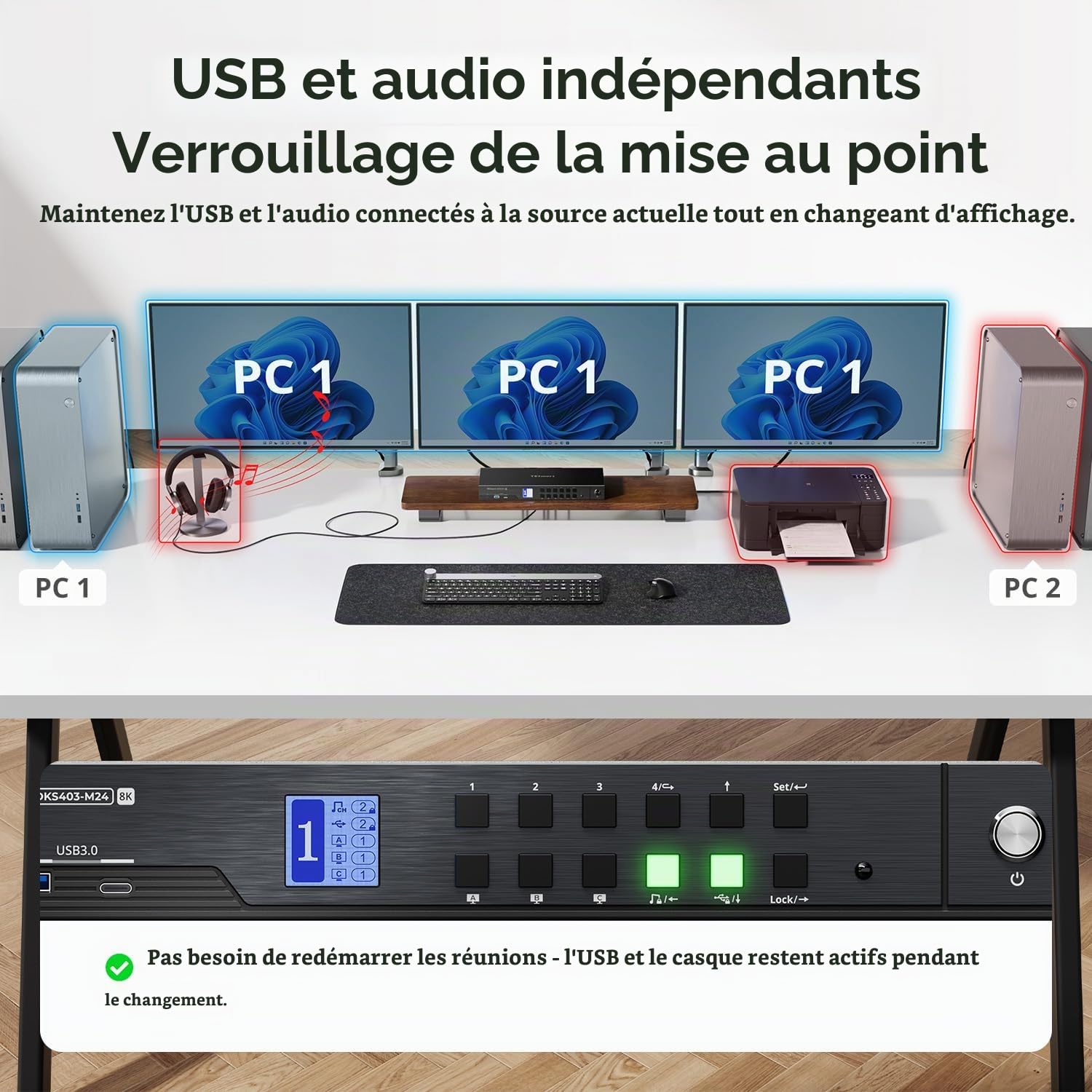 TESmart Commutateur KVM DisplayPort 8K@60Hz 4 PC 3 écrans, KVM double écran USB 3.2 Gen1 avec réseau Gigabit, 4K@144Hz, émulation EDID, raccourcis personnalisables, Câbles d’entrée inclus