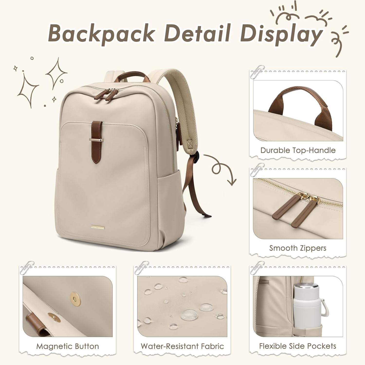 Laptop Backpack for Women,Casual Work Business Backpacks Purse Carry on Travel Backpack,15.6 Inch,Apricot - Image 6