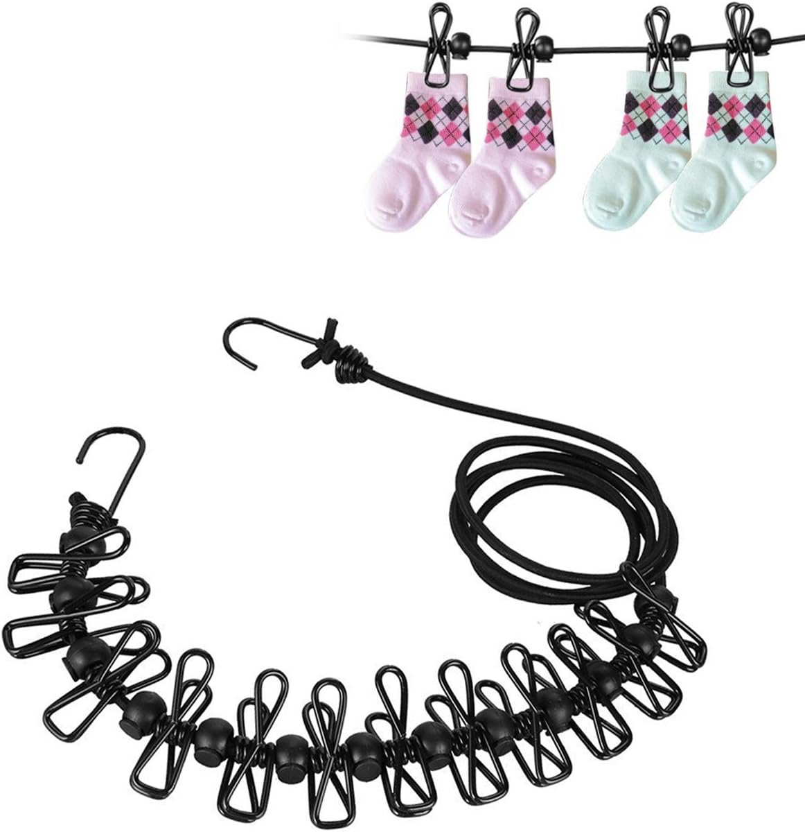 Mopoin 2 Pack Outdoor Portable Clothesline, Elastic Adjustable Washing Line with 12 Wire Coated Clips Positioning Buckle for Travel Vacation Outdoor Camping (185-360cm)