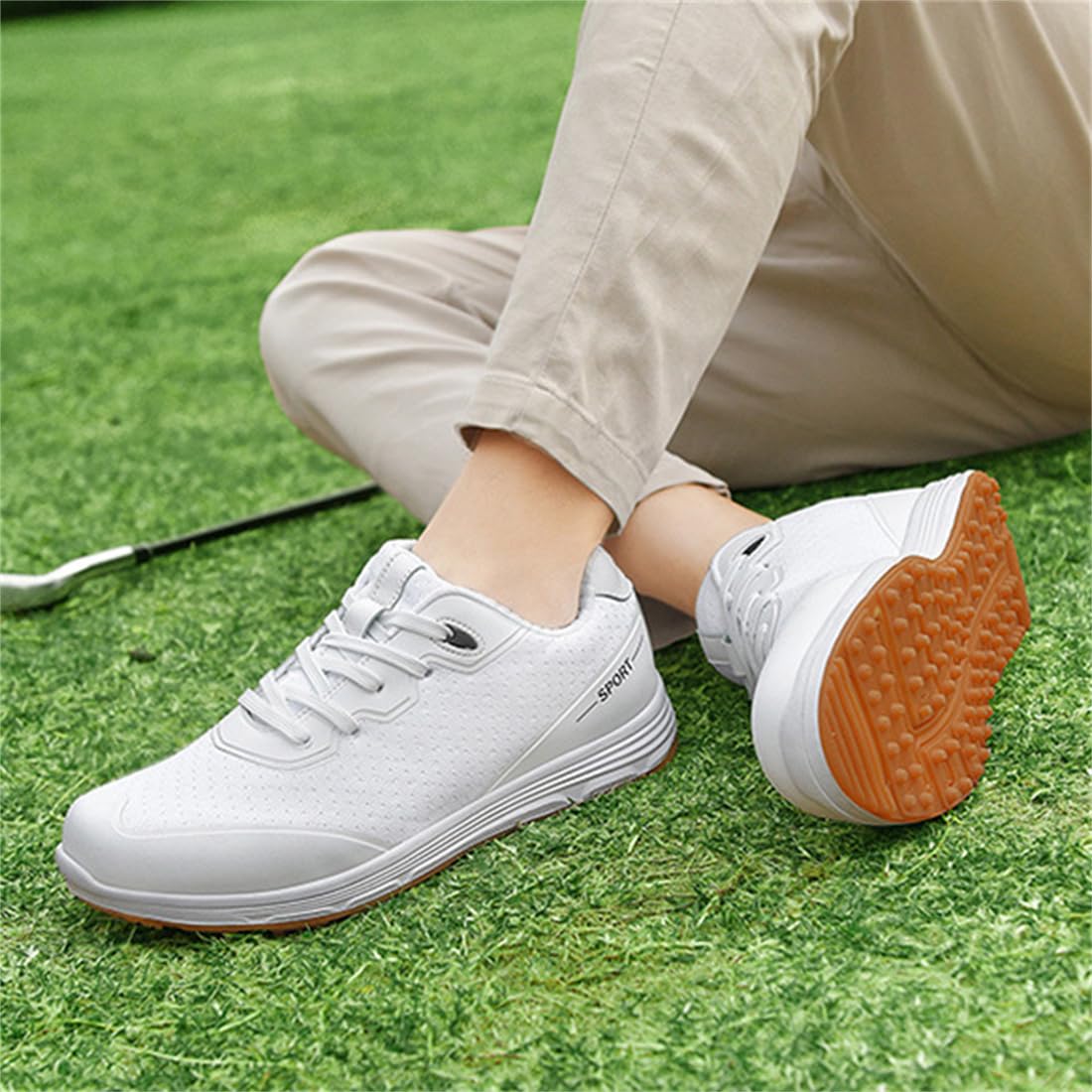 VEACAM Golf Shoes for Men, Spikeless Golf Sport Footwears Anti Slip Golfing Training Sneakers Lightweight Mens Golf Trainers,White,7.5