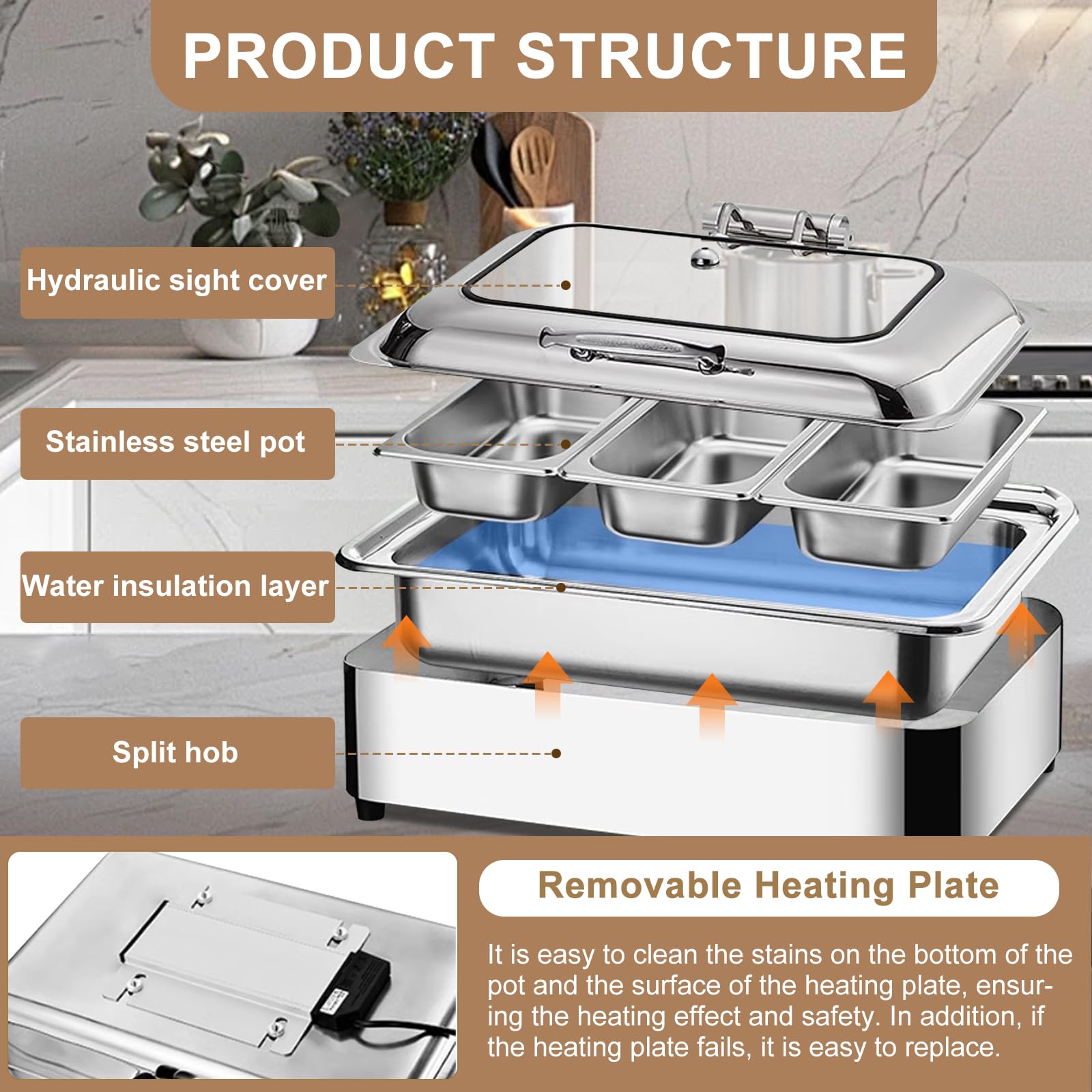 Chafing Dish Elettrico Professionale, 9L Scaldavivande Elettrico per Buffet, Acciaio Inox Chafing Dish Buffet con Coperchio Trasparente, Temperatura Regolabile (1/1)