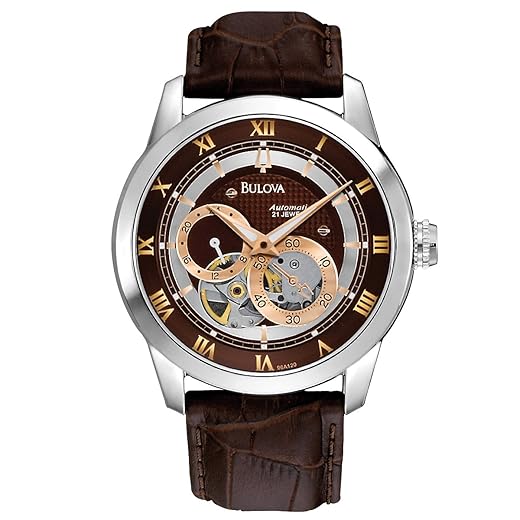 Bulova Men's Classic Sutton 4-Hand Automatic Watch, 24-Hour Sub Dial, Open Aperture, Self-Winding, Exhibition Caseback, Double Curved Mineral Crystal, Luminous Hands, 42mm