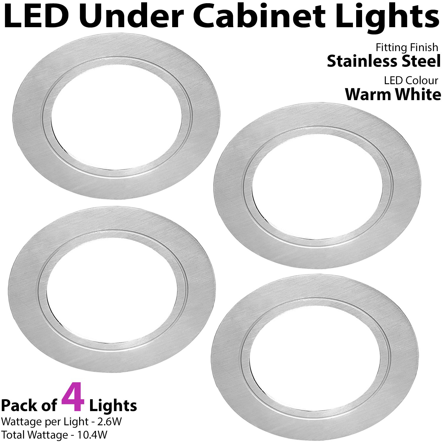 4 Stück | helle 2,6 W LED-Unterschrank-Einbauleuchten & Treiber-Kit | Edelstahl & Warmweiß | Unterputz-Einbauleuchte | Küchenarbeitsplatte Theke Schrank Unterbauleuchte | Moderne runde Beleuchtung