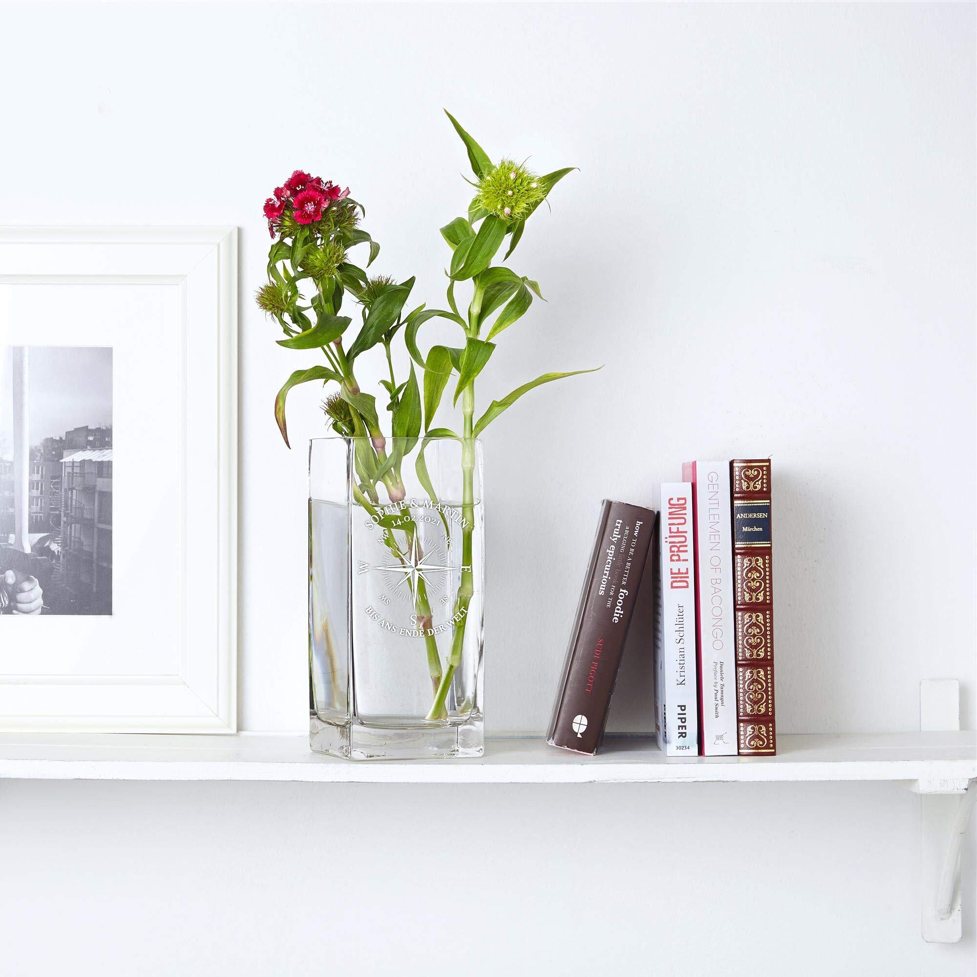 Casa Vivente Eckige Blumenvase mit Gravur zur Hochzeit, Kompass Liebe, Personalisiert mit Namen und Datum, Hochzeitsgeschenke für Brautpaar
