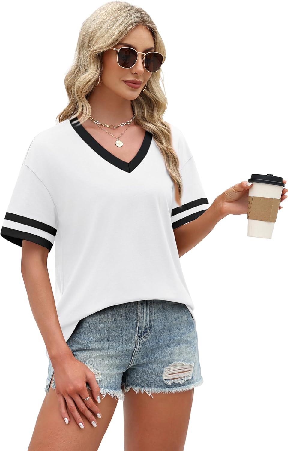 WIHOLL Womens T Shirts Loose Fit Short Sleeve Tees V Neck Color Block Summer Tops 2026 Fashion S-3XL - Image 4