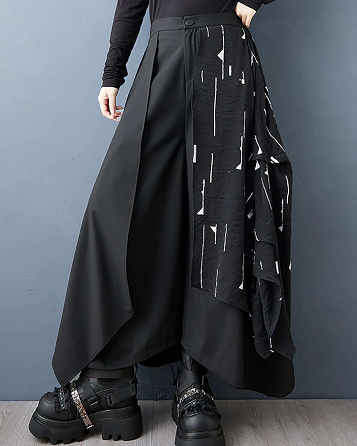 ellazhu Women's Pants Loose Irregular Wide Leg High Waist Patchwork Sweatpants Side Pockets GZ662 A