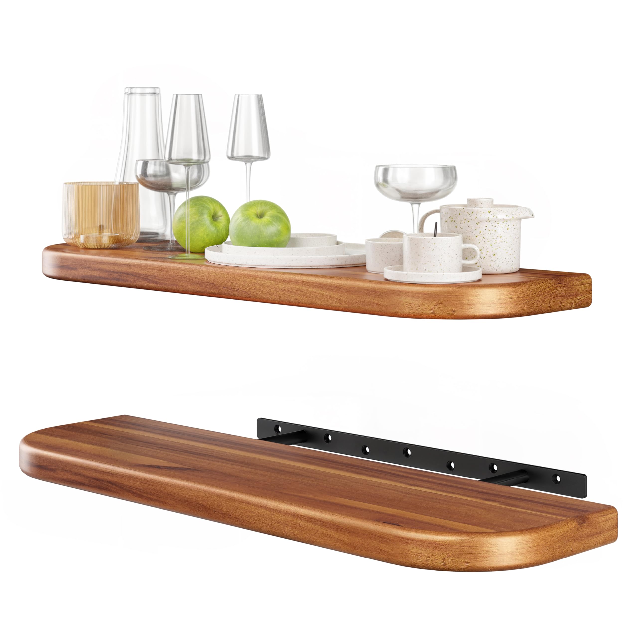 BATODA 24" Acacia Wood Floating Shelves Wall Mounted (Round Edge) – Rustic Farmhouse Wooden Wall Storage Shelf for Bedroom, Kitchen - Brackets and Shelving Hardware Included (Acacia,24 Inch Length)