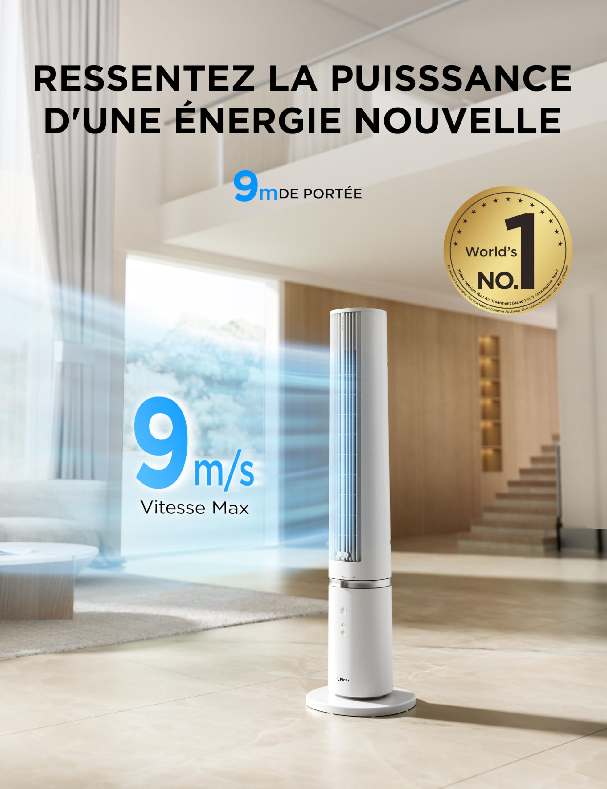 Midea Ventilateur Tour Blanc 103cm pour Chambre, Refroidissement Puissant 9m/s, Omni-Télécommande, Oscillation 90° avec Design Innovant Détachable et Lavable, 4 Vitesses, Minuterie 7H, 28 dB