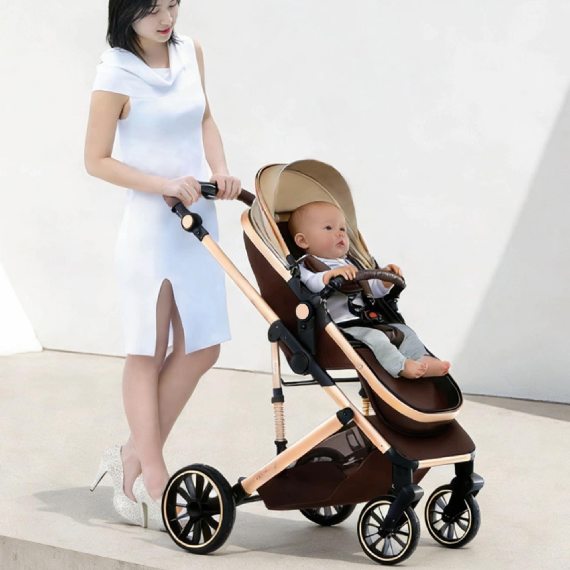 YAZOCO Poussette 3 en 1, Poussette Bebe Peut être poursuivi dans les deux sens, Pousette avec Conception Pliable Un Clic (kaki)