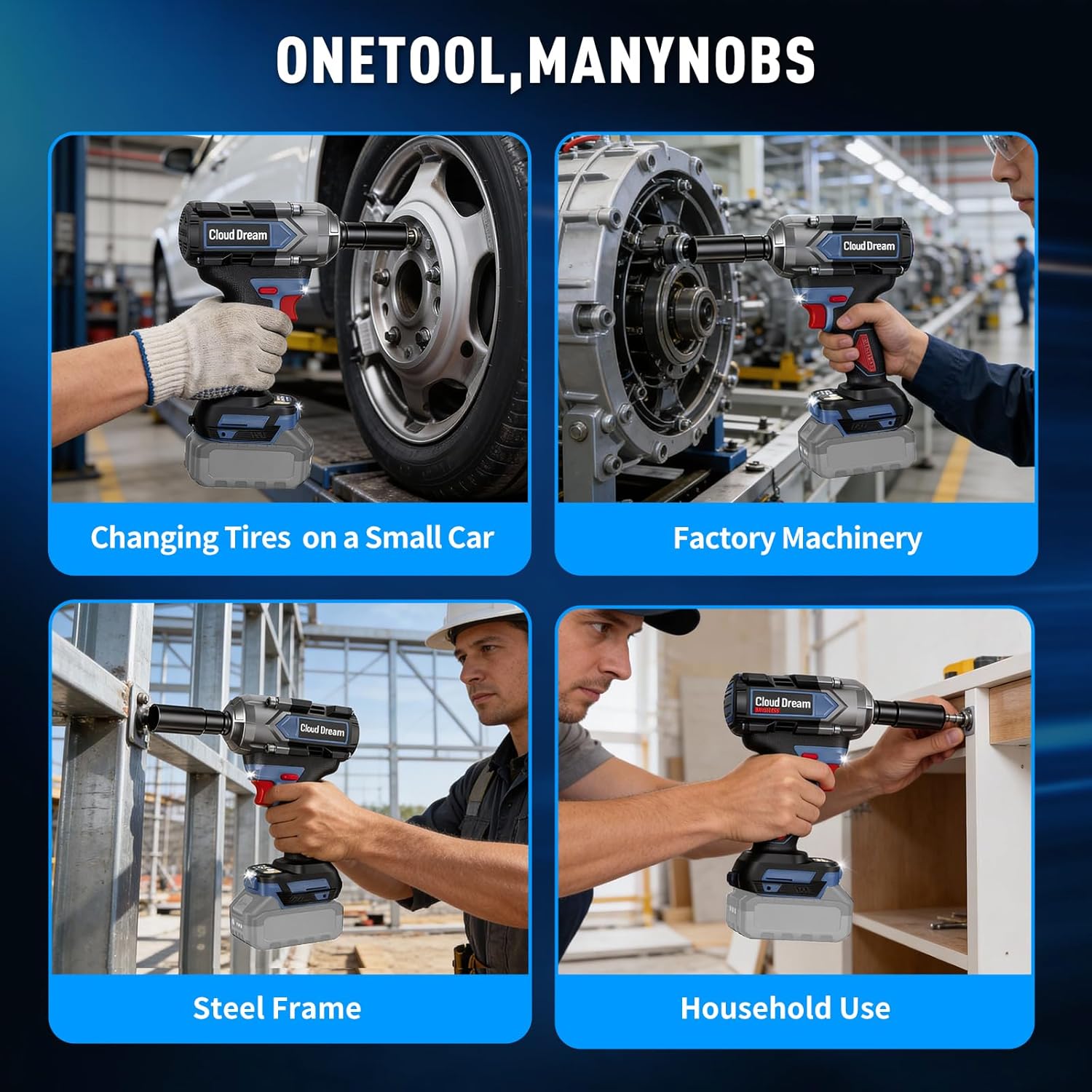 Cordless Impact Wrench 1/2 inch Compatible with DeWalt Battery,740Ft-lbs(1000 N.M) High Torque Power Tool, Brushless Electric Impact Gun for Car/Truck/Mower(No Battery Included)