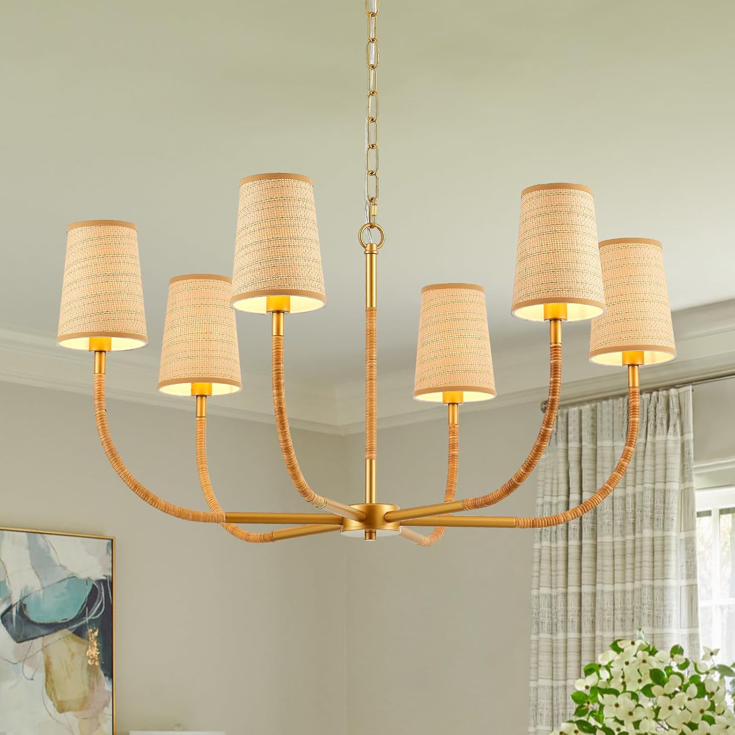 Farmhouse Rattan Chandelier, 6-Light Boho Chandelier for Dining Room 34’’ Rustic Gold Chandelier with Rattan Shades, Large Pendant Lighting Fixtures for Kitchen Island Living Room Bedroom, UL Listed