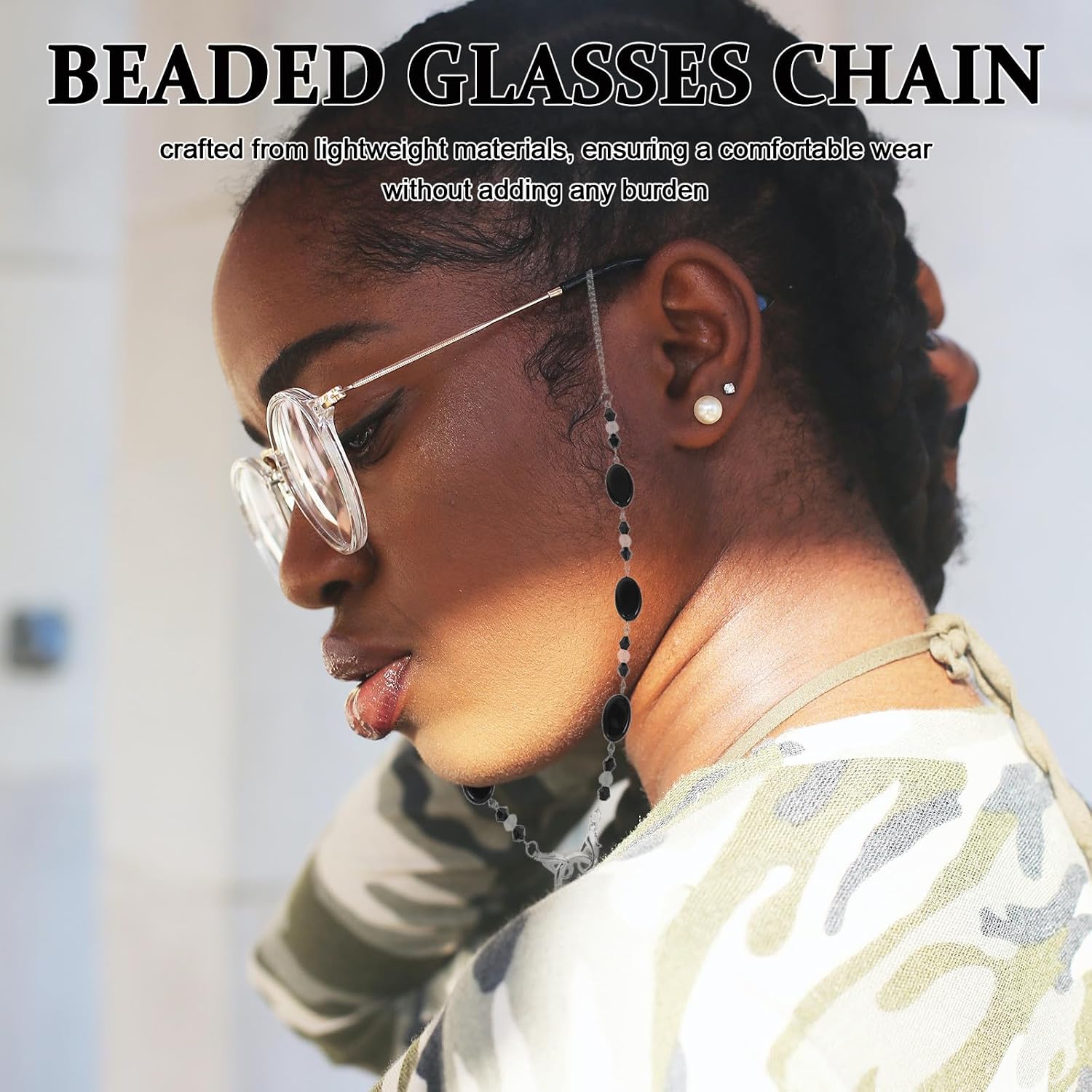 GALPADA Beaded Resin Sunglasses Chain Necklace, Black Eyeglass Strap for Women and Men, Fashionable Eyewear Holder for Daily Use