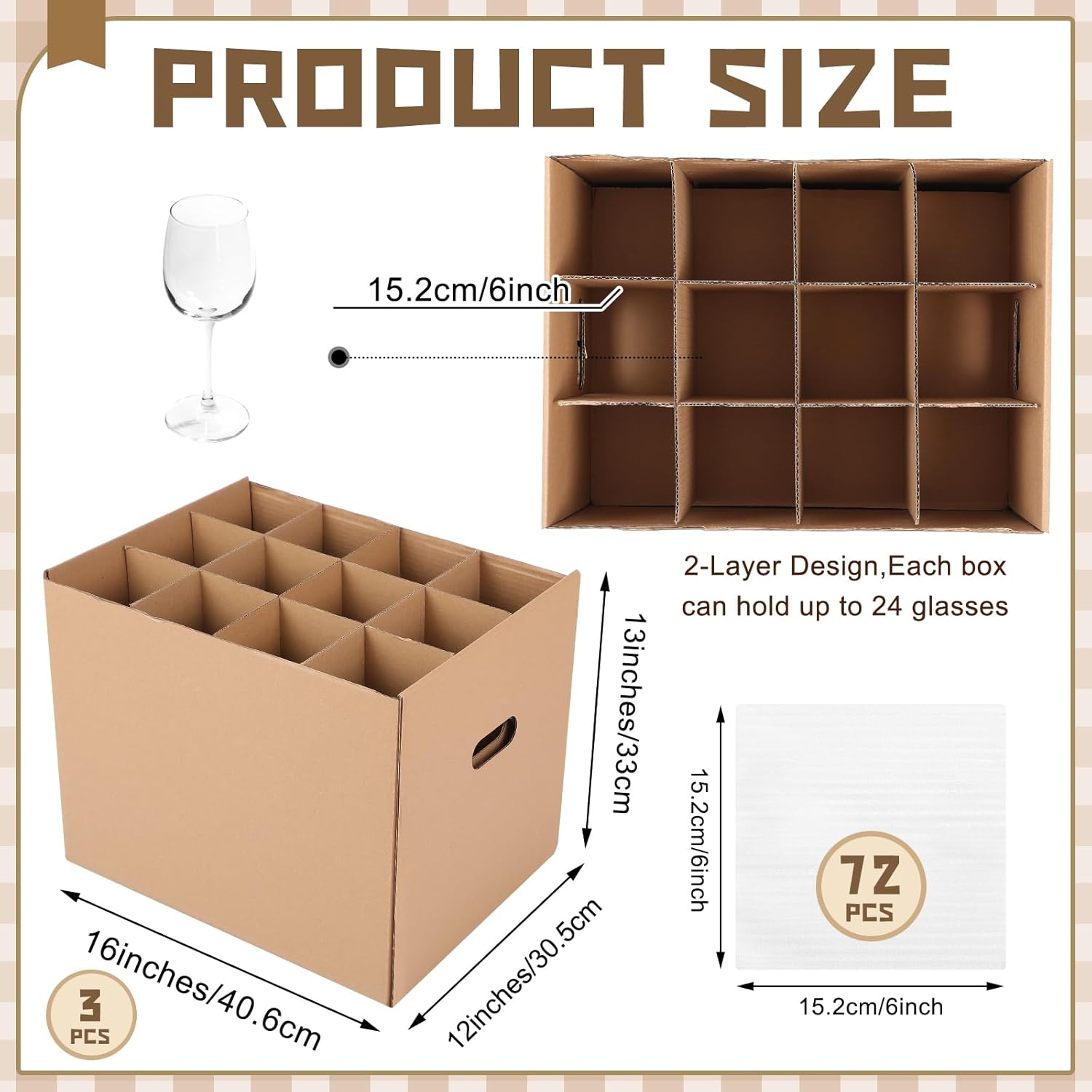 3 Sets 2-layer Wine Glass Moving Boxes 16 x 12 x 13 Inch Moving Boxes with Lid Glassware Dish Packing Box Corrugated Dividers with 72 Pcs Foam Pouches for Kitchen Dish Glassware