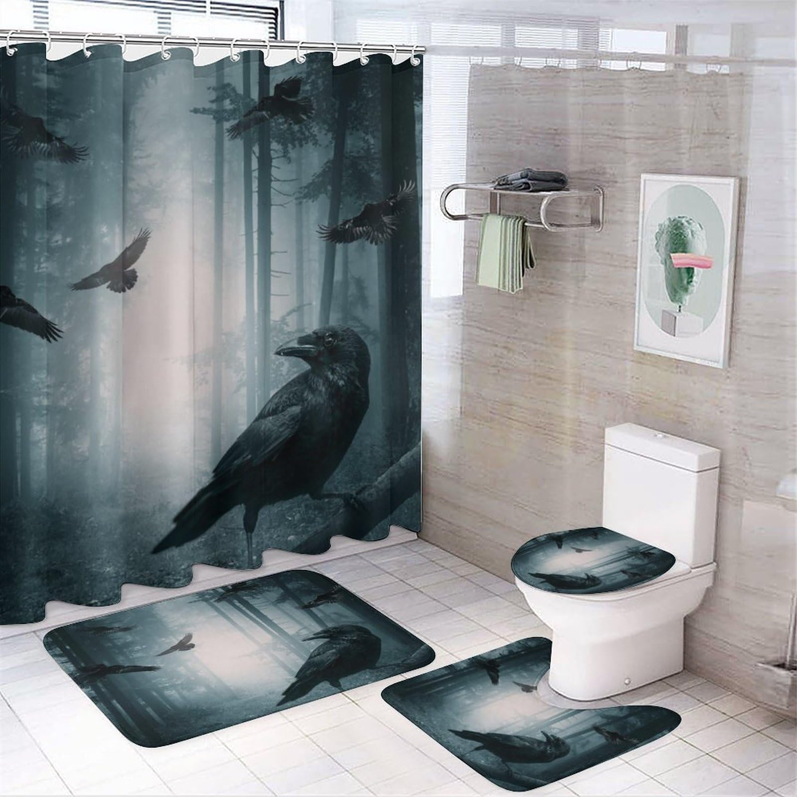 COALHO Foggy Forest Crow Pattern Creative Bathroom Shower Curtain Set Mystical Horror Gothic Misty Forest Night Non Slip Waterproof Bath Mat Toilet Mat Rugs,183x183CM