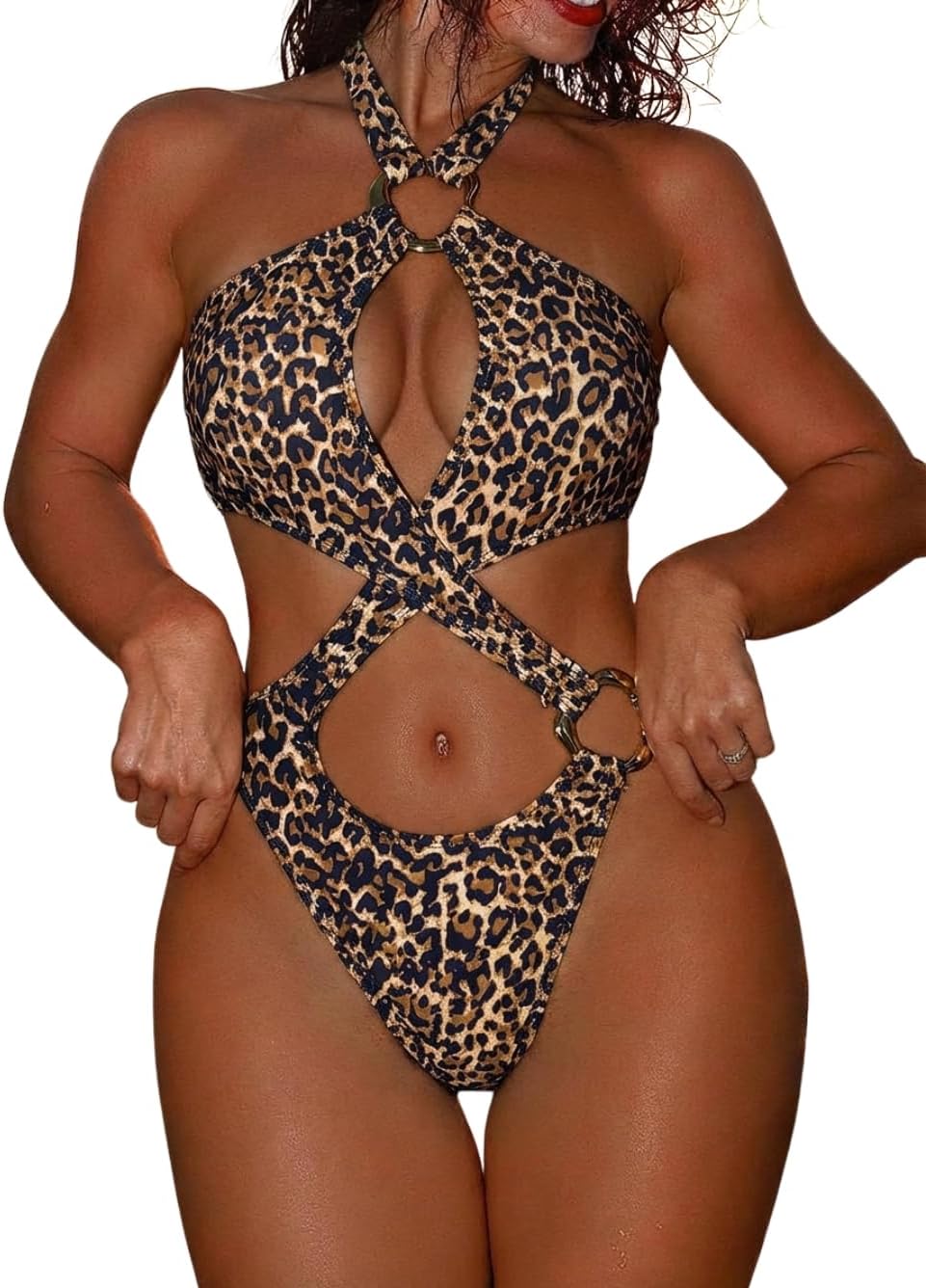 Women's Sexy High Cut Thong One Piece Swimsuits Monokini Halter Crisscross Cutout Bathing Suit Beach Pool Party