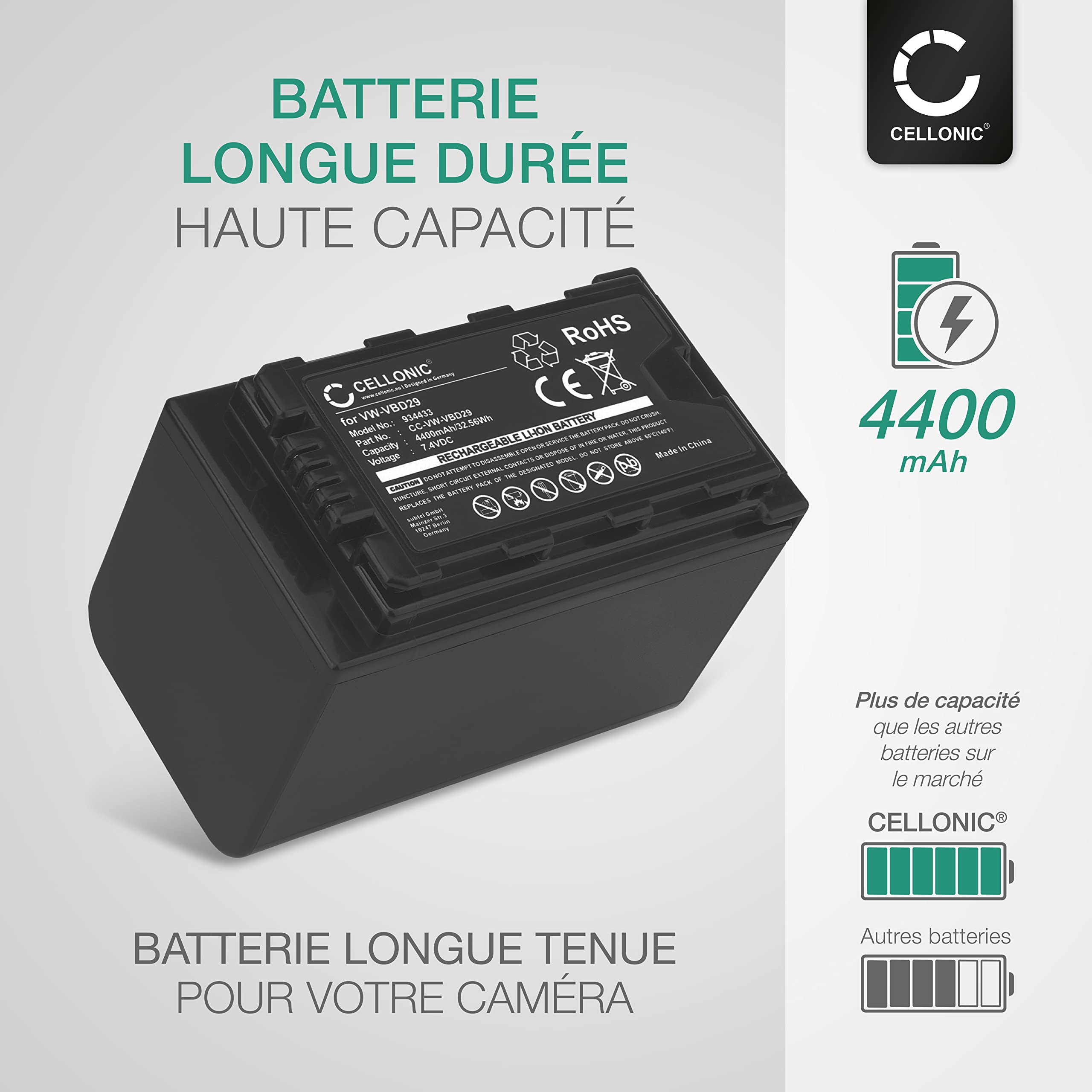 CELLONIC 2X Batterie pour Appareil Photo Compatible avec Panasonic HC-X1000, HC-MDH3, AG-AC8, CGA-D54 - (4400mAh, 7.4V) + Chargeur