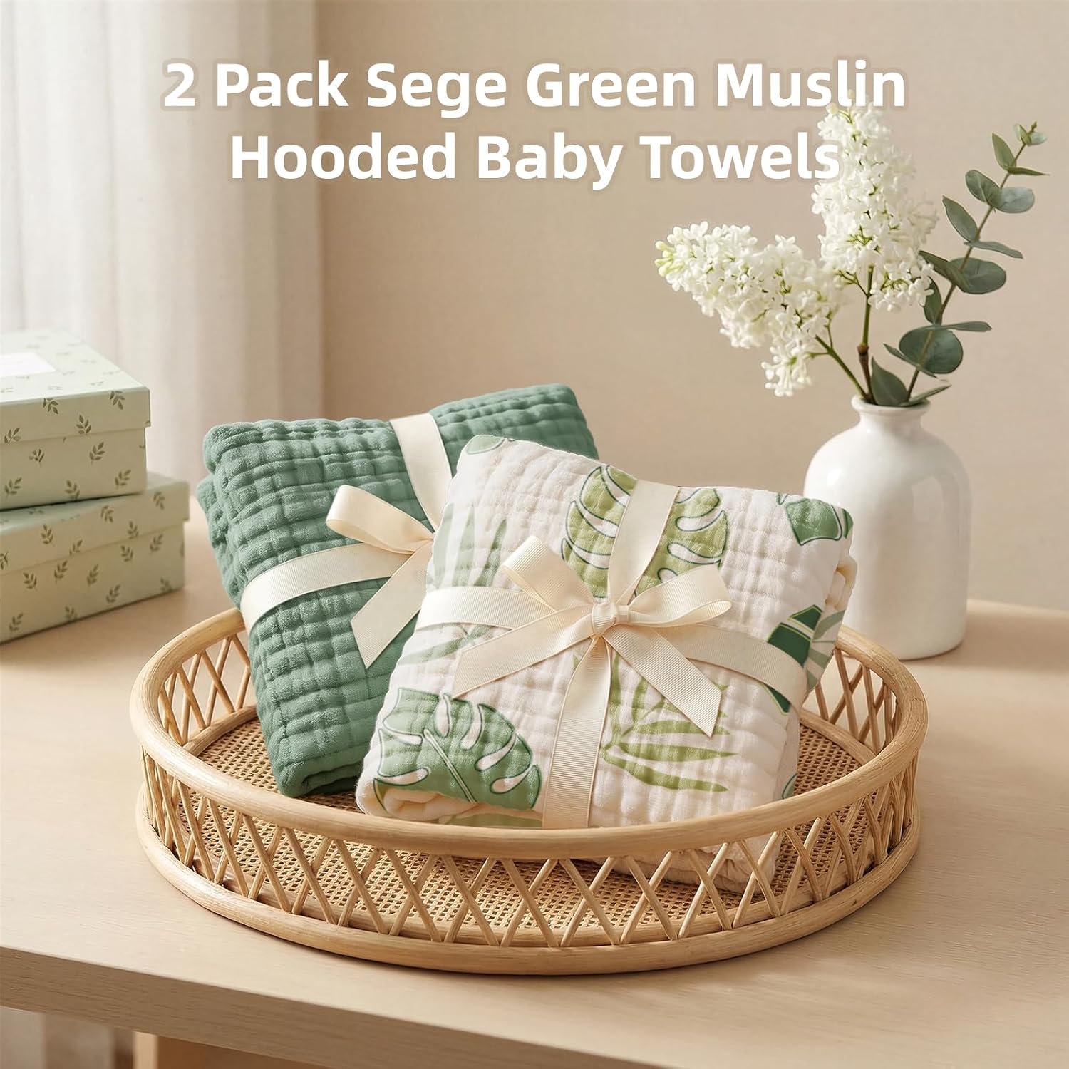 Tunnkit Muslin Hooded Towel for Newborn, 2 Pack Baby Bath Towel for Kids, Toddler and Infant, 32x32 Inch Soft and Absorbent Essentials for Babies (Sage Green and Monstera)