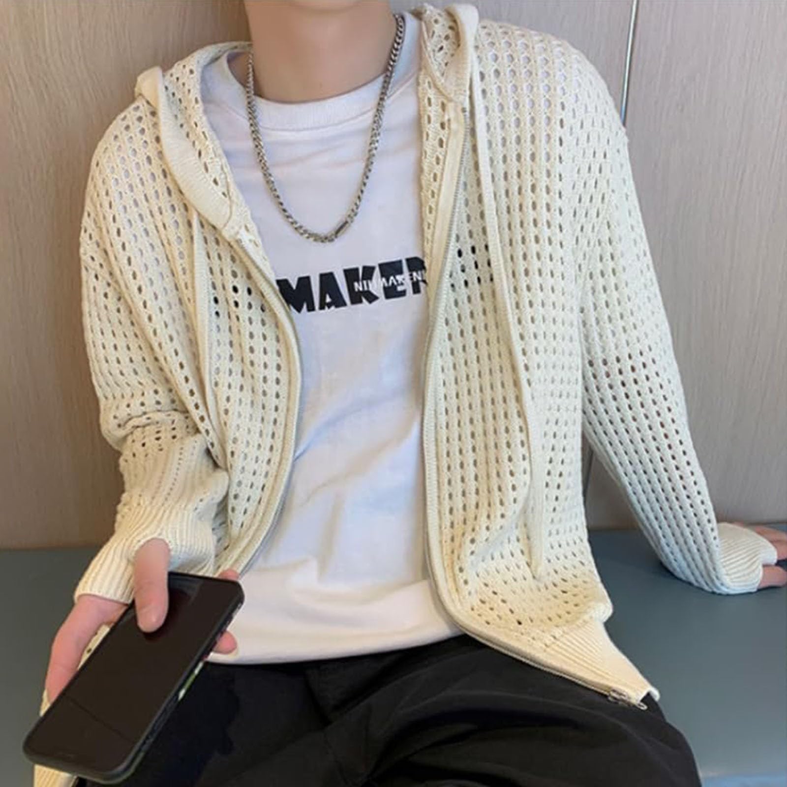 Cardigan estivo da uomo, leggero, a rete, casual, lavorato a maglia, morbido, confortevole, con cappuccio, a maniche lunghe, aperto, in rete, cardigan
