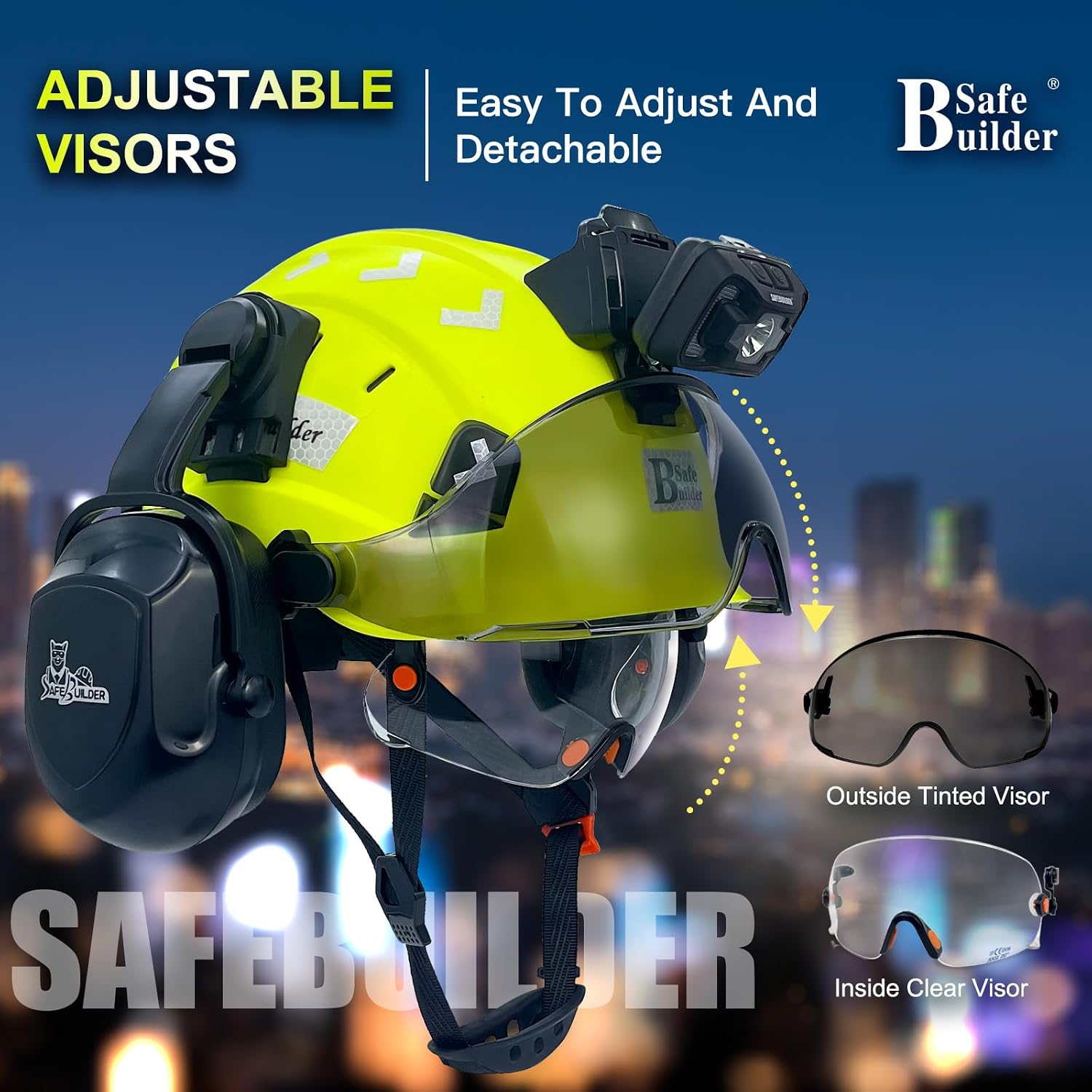 SAFEBUILDER Hard Hats with Visor and Build in Headlight Ear Muffs Lightweight Vented Safety Helmet Headlamp for Construction Industrial Outdoor Work ANSI Z89.1 Approved