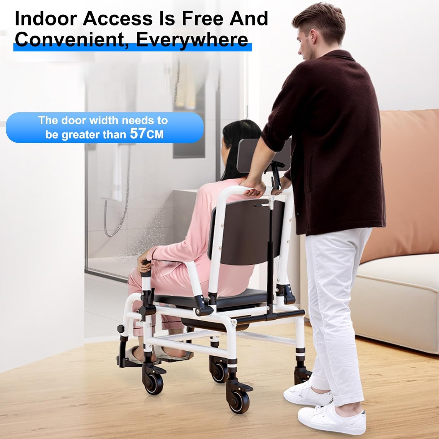 Reclining Shower Chair with Wheels | Commode Wheelchair for Seniors, Disabled, Bariatric & Handicap - Padded Transfer Rolling Chairs with Adjustable Commode Wheelchair Black White